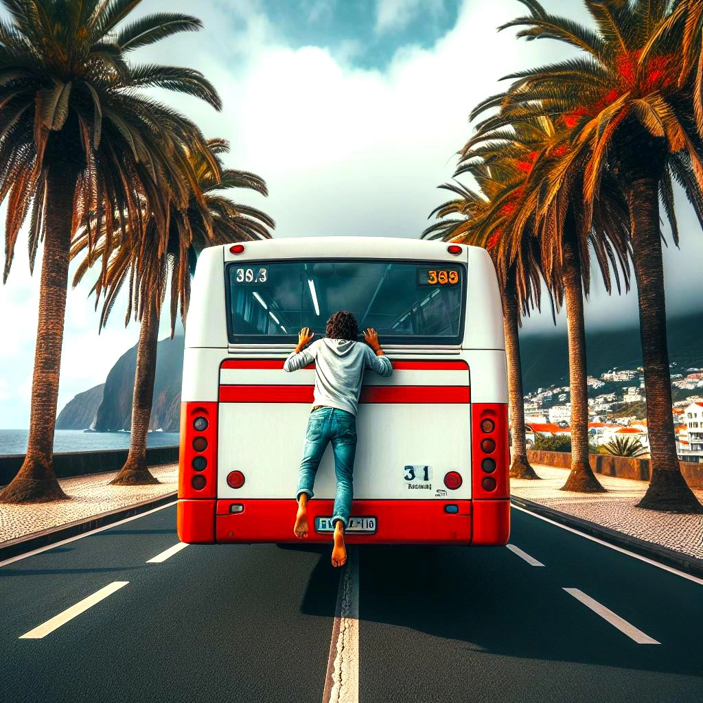 Young Man Hanging on Bus in Camara de Lobos