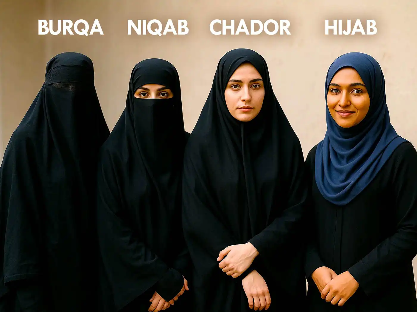 Women wearing a Burqa, Niqab, Chador and Hijab