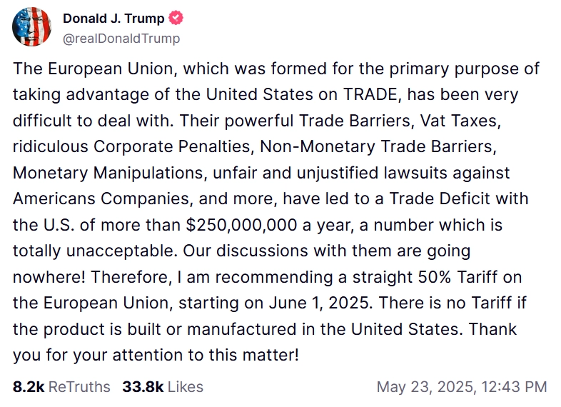 Donald Trump Posting on EU Trade on his Social Network
