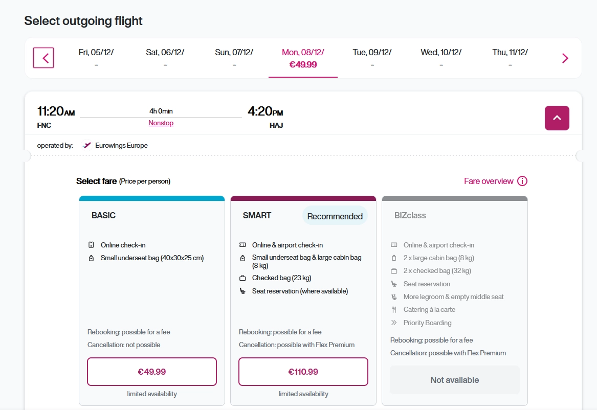 Flight Funchal Hannover on December 8